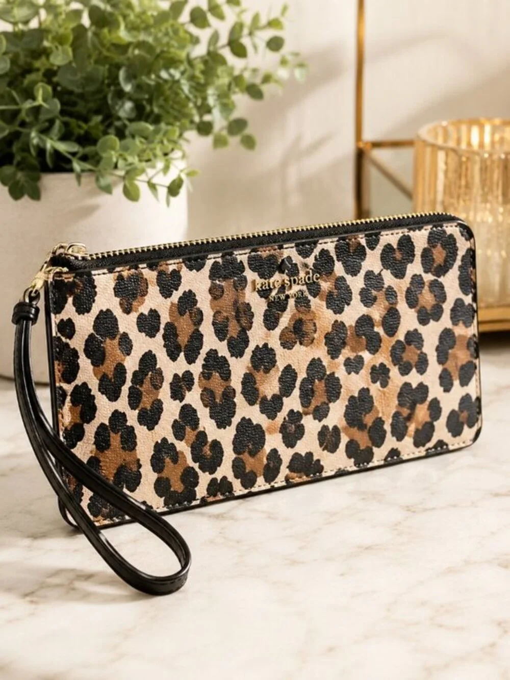 Kate Spade Lucy Medium L-Zip Wristlet Leopard Saffiano Leather NWT